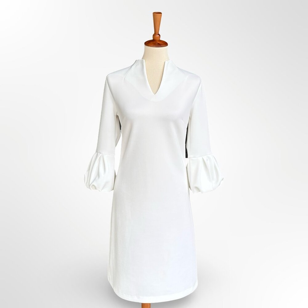 New York and Company Stretch white dress S small puff sleeve scuba easter spring
